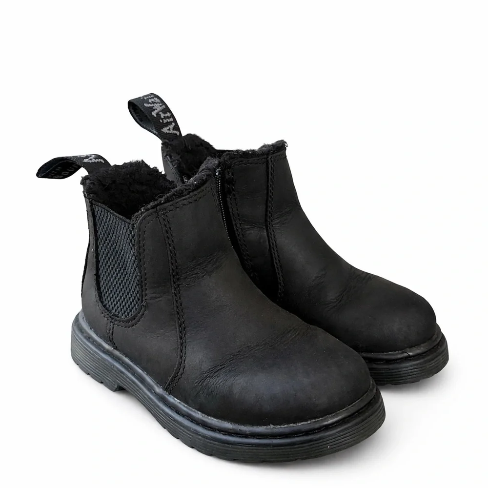 Dr. Martens Leonore Toddler Chelsea Boots Black Fur Lined Leather Kids Size 10